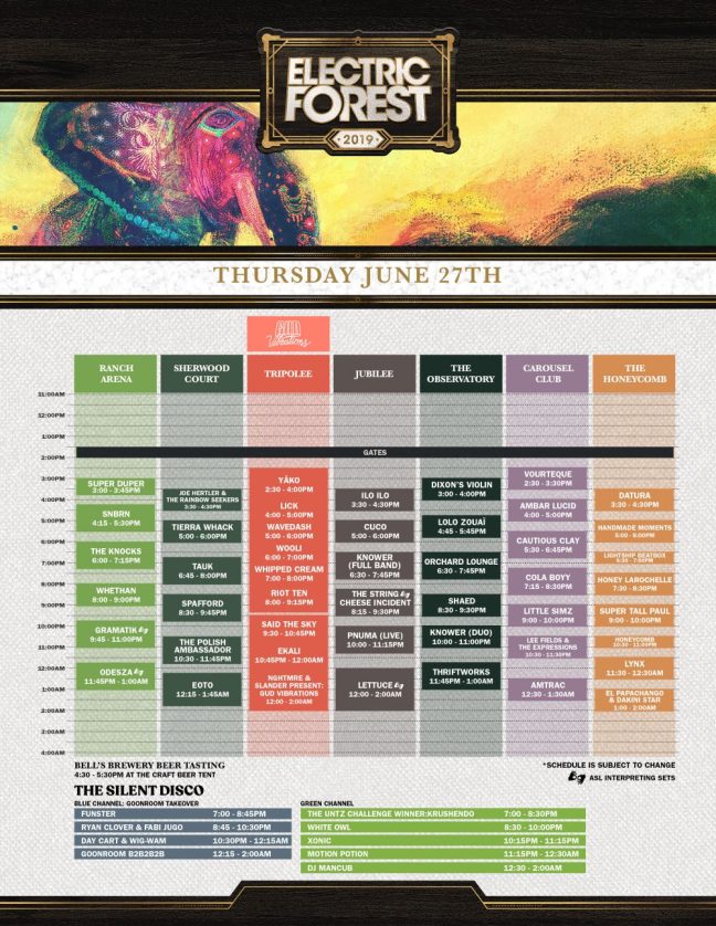 Electric Forest 2019 Thursday Schedule